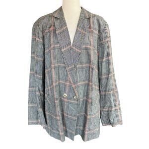 1. STATE Womens Black Red Plaid Blazer Jacket Sz 24W Linen Blend Button